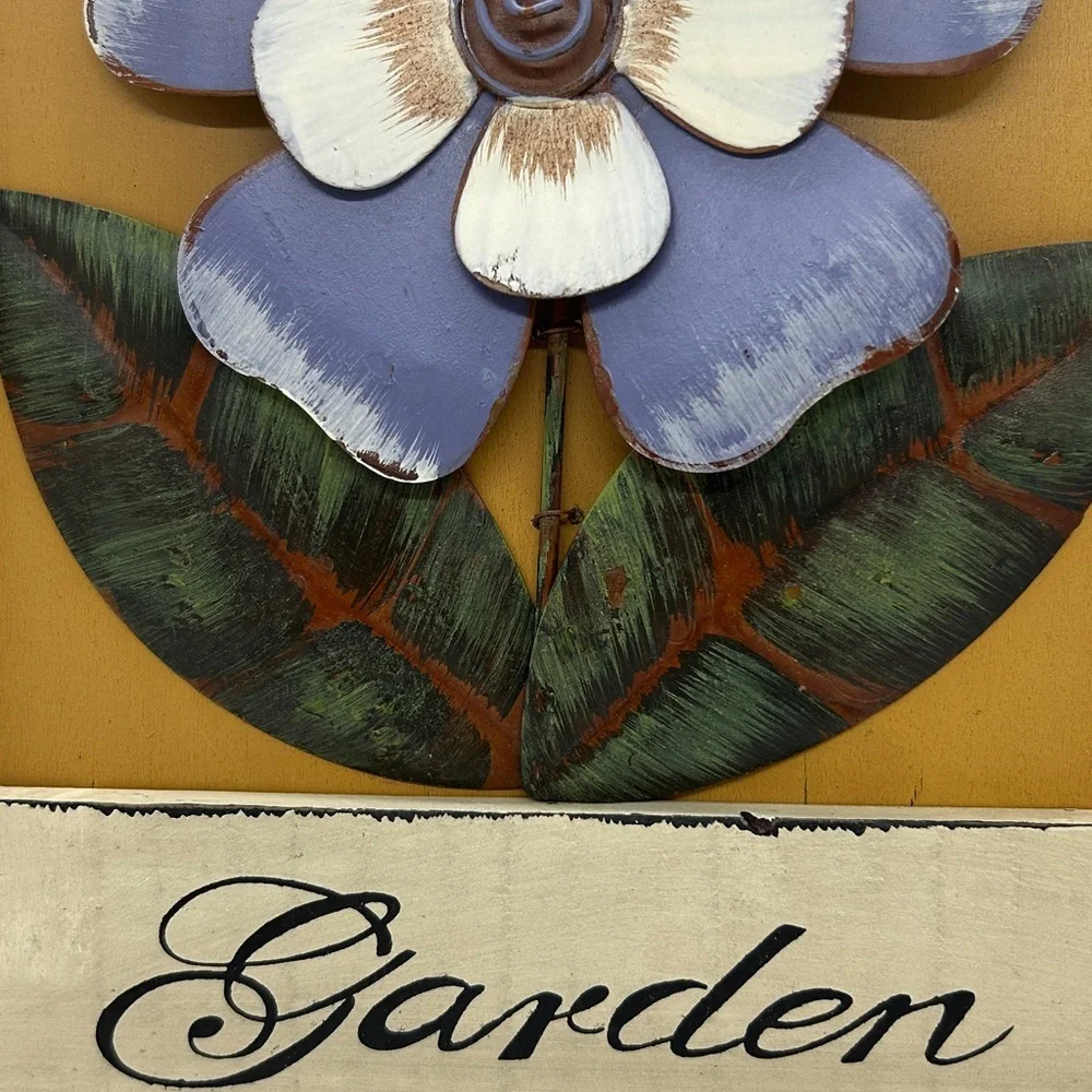 Sculpted Metal Flower Wall Hanging With a Rustic Wooden Frame Size 12x12 inches.
